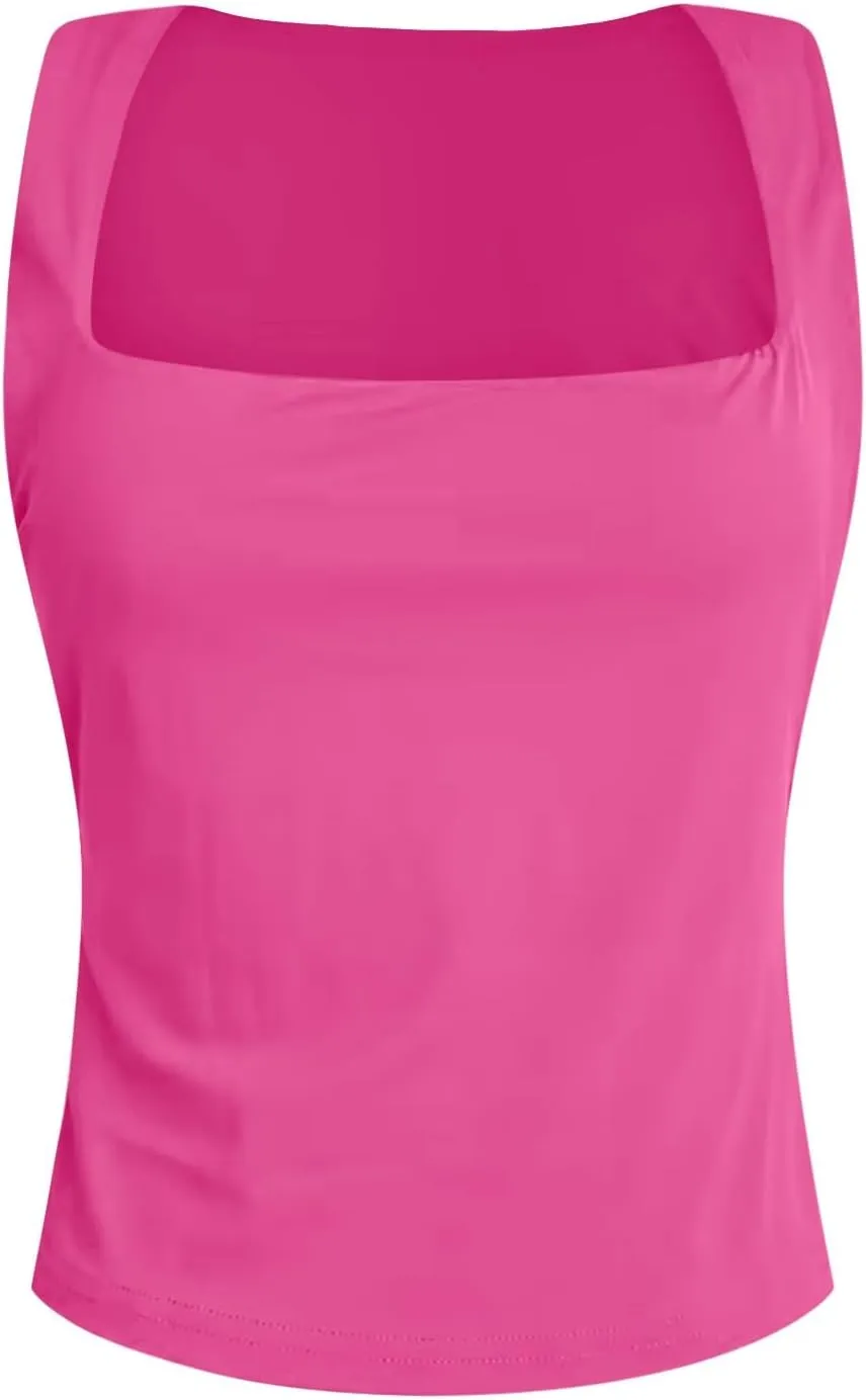 Women Square Neck Sleeveless Double Layer Tight Tank Top For Women Camisole Half Slip