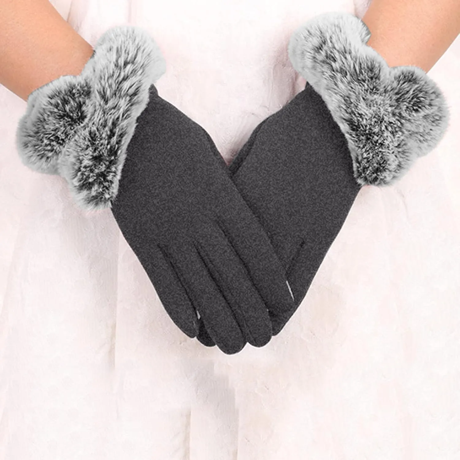Women Winter Gloves With Touch Screen Fingers Warm Suede Gloves Texting Thermal Windproof Mitten for Driving (Grey, One Size)