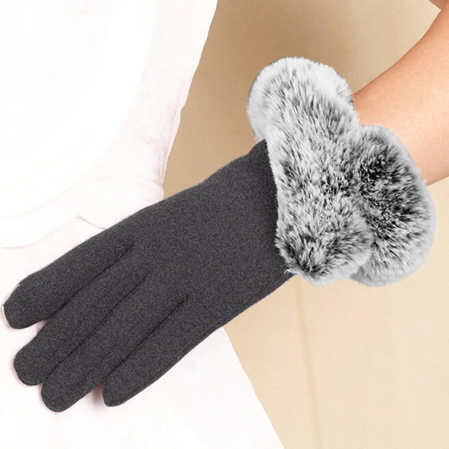 Women Winter Gloves With Touch Screen Fingers Warm Suede Gloves Texting Thermal Windproof Mitten for Driving (Grey, One Size)