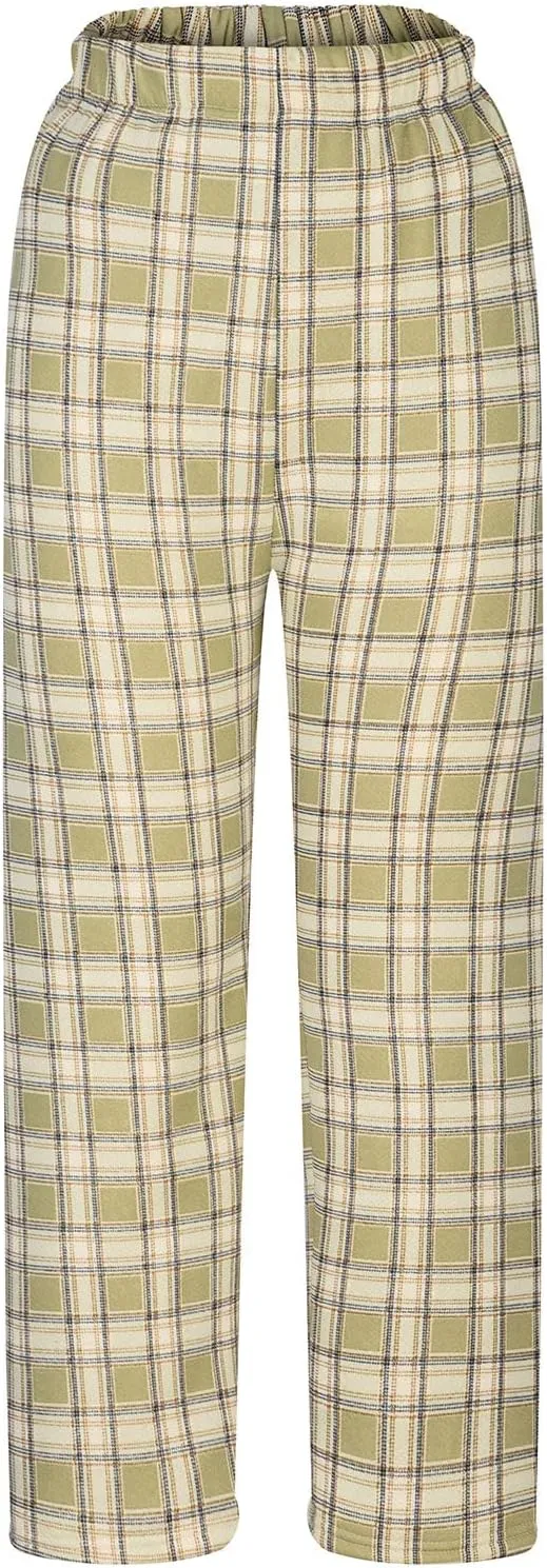 Women's Fleece Lined Thermal Pants Yoga Straight Leg Winter Trousers High Waisted Thick Thermal Leggings Plaid Pants