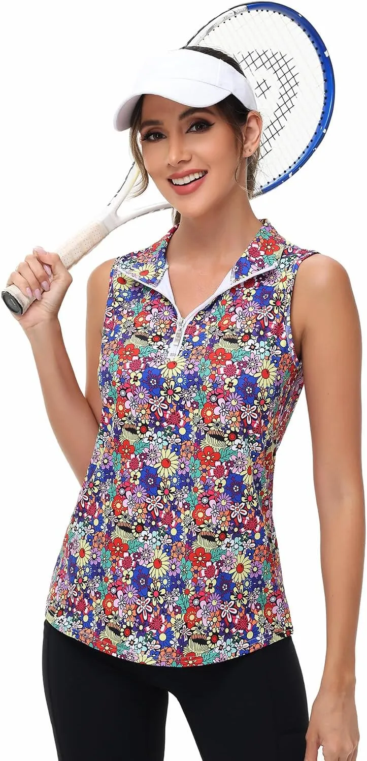Womens Sleeveless Golf Tennis Polo Shirts Moisture Wicking Zip Up Workout Tops