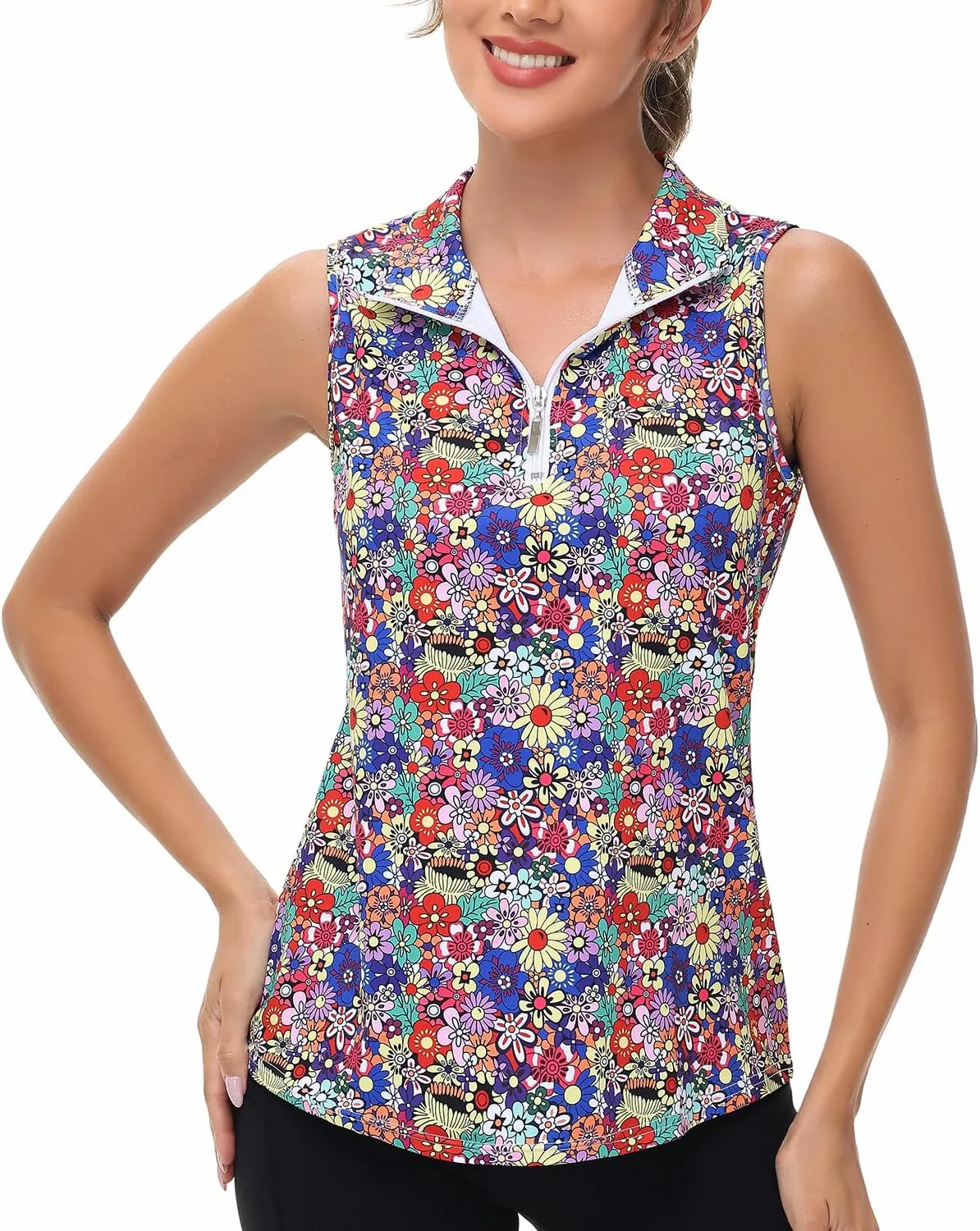 Womens Sleeveless Golf Tennis Polo Shirts Moisture Wicking Zip Up Workout Tops
