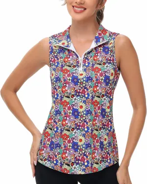Womens Sleeveless Golf Tennis Polo Shirts Moisture Wicking Zip Up Workout Tops