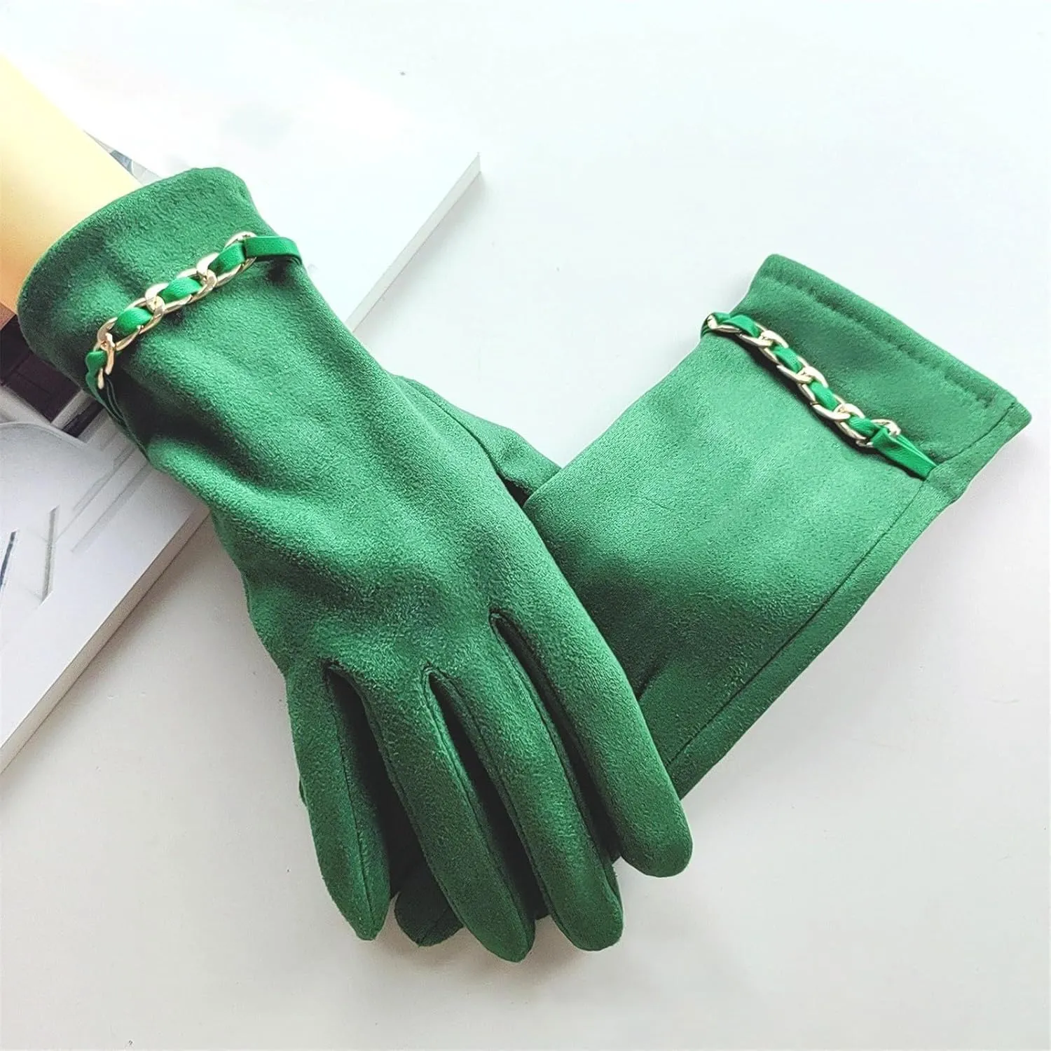 Women's Solid Suede Gloves Cute Faux Suede Gloves Winter Warm Cold Weather Windproof TouchscreenGloves (Green, One Size)