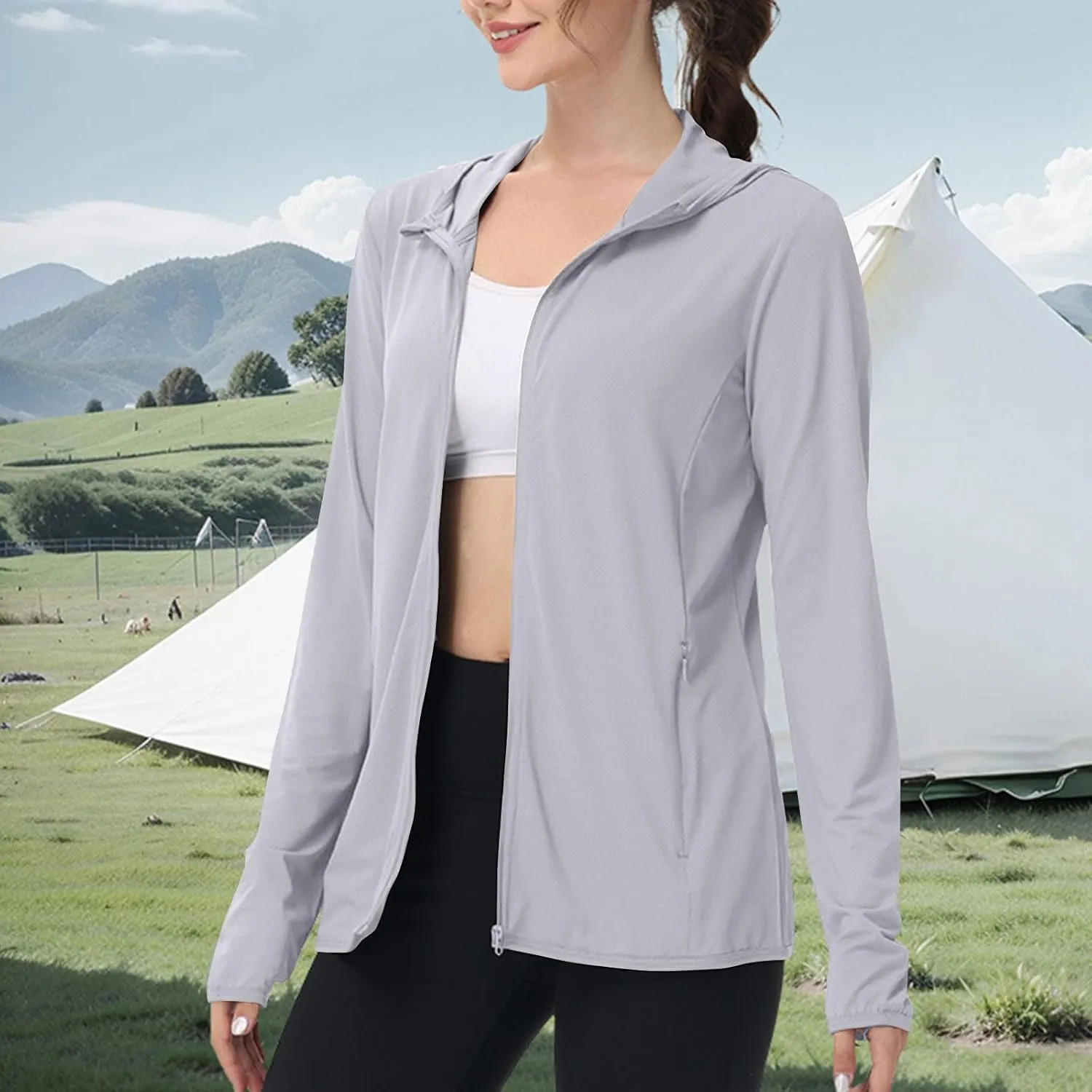 Womens Sun Shirts Full Zip UPF 50  Protection Hoodie Jacket Long Sleeve Hiking Outdoor Lightweight UPF50  Jackets