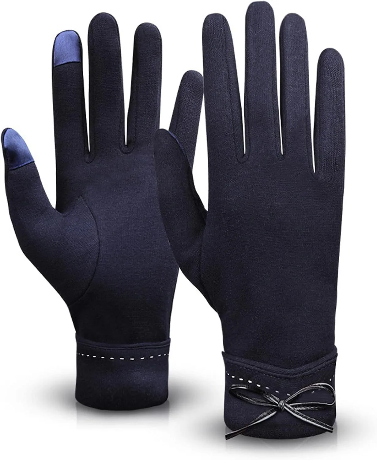 Womens Touchscreen Phone Windproof Gloves Winter Warm Wear Bow-tie Cuff Suede Gloves for Cold Weather (A, One Size)