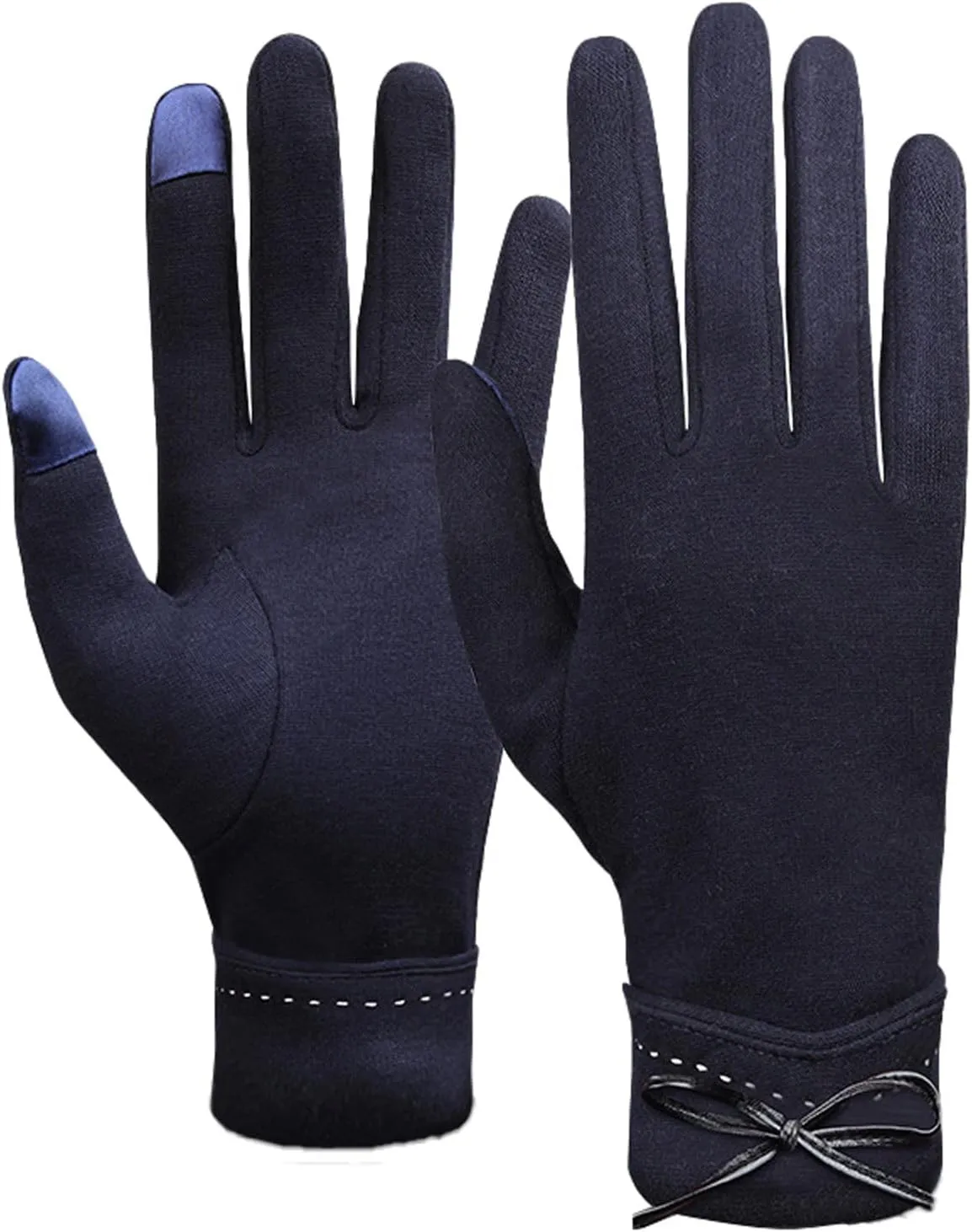 Womens Touchscreen Phone Windproof Gloves Winter Warm Wear Bow-tie Cuff Suede Gloves for Cold Weather (A, One Size)