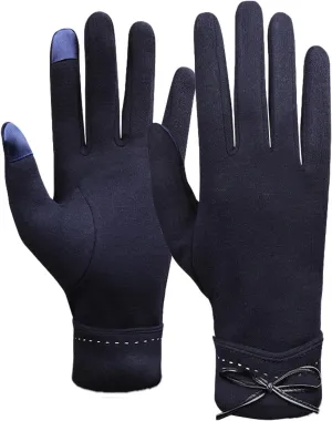 Womens Touchscreen Phone Windproof Gloves Winter Warm Wear Bow-tie Cuff Suede Gloves for Cold Weather (A, One Size)