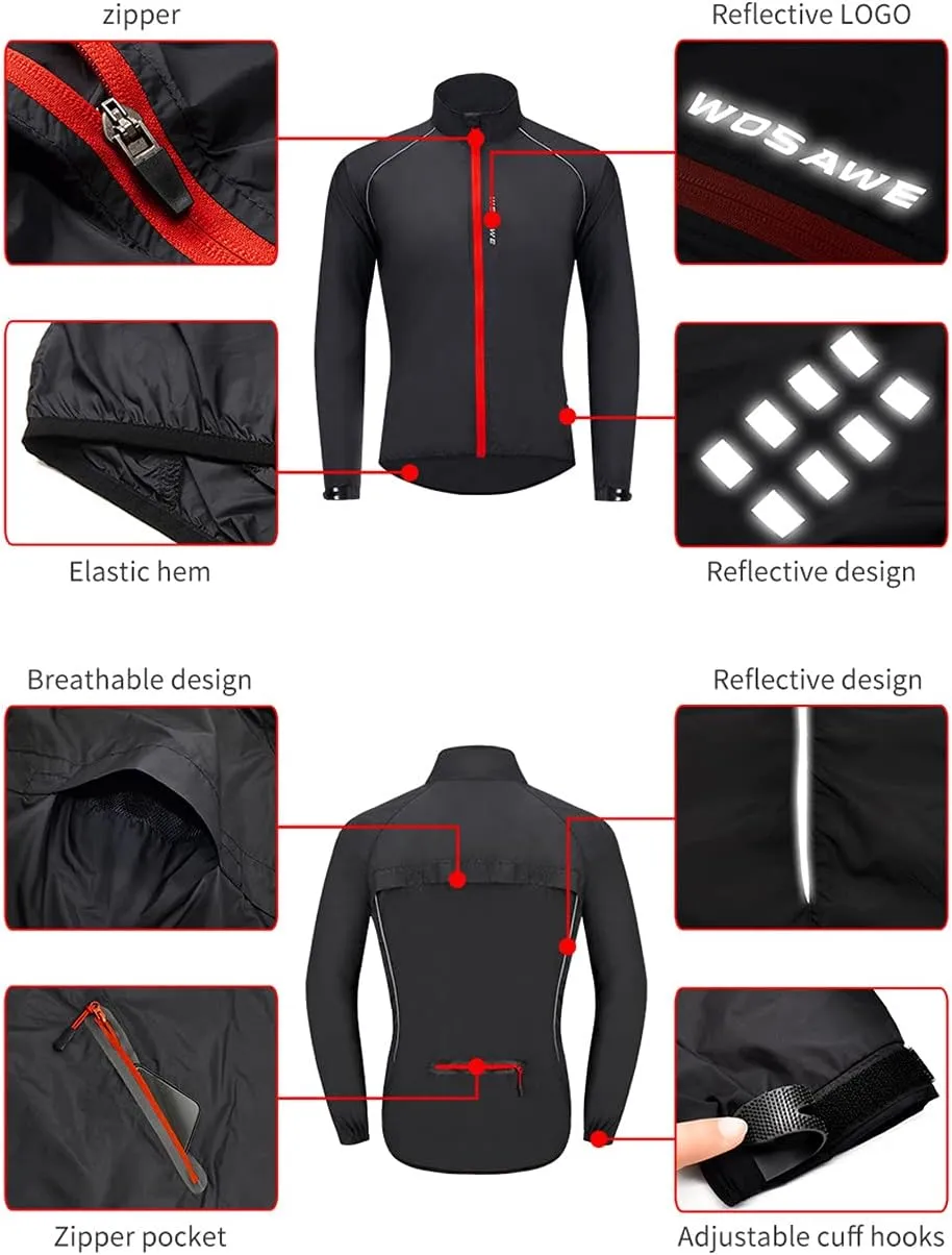 WOSAWE Men's Cycling Wind Jacket Reflective Ultralight Windbreaker