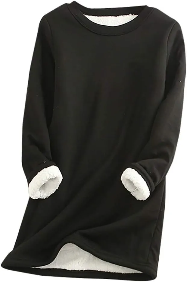 YRAETENM Fleece Sweatshirts for Women Winter Warm Sherpa Lined Crewneck Pullover Loungewear Soft Comfy Long Sleeve Tunic Tops