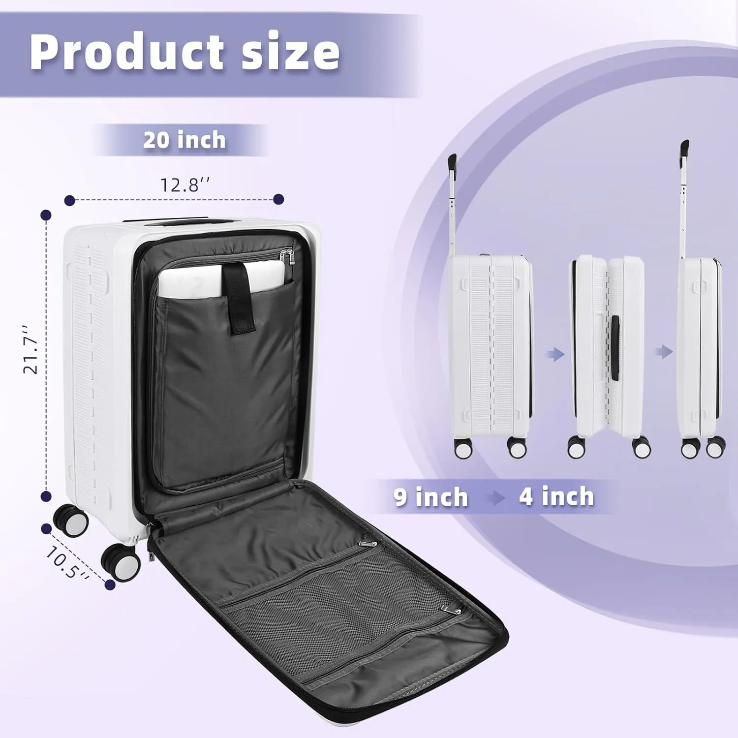 ZRSUN 20-Inch Collapsible Carry-On Suitcase with Wheels - Water and Impact Resistant Hard Shell, Silent Double Spinner Wheels, TSA Lock, 38L, Black, White, 20-Inch Carry-On, Carry on Luggage With